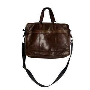 Fossil Briefcase Genuine Smooth Cognac Brown Leather Pocket Zip Office Career